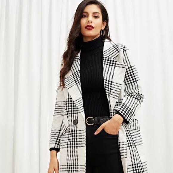 SHEIN Self Tie Plaid Pocket Black and White Coat - Picture 8 of 10